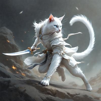 The primary subject of the image is a white cat with blue eyes, dressed in a white robe and holding a sword. The cat appears to be a warrior or a character from a fantasy story. The setting is a rocky landscape, with the cat standing on a rock. The visual style is digital art, giving the image a detailed and realistic appearance. The dominant colors are white and blue, creating a sense of purity and elegance. The overall atmosphere of the image is one of adventure and fantasy.